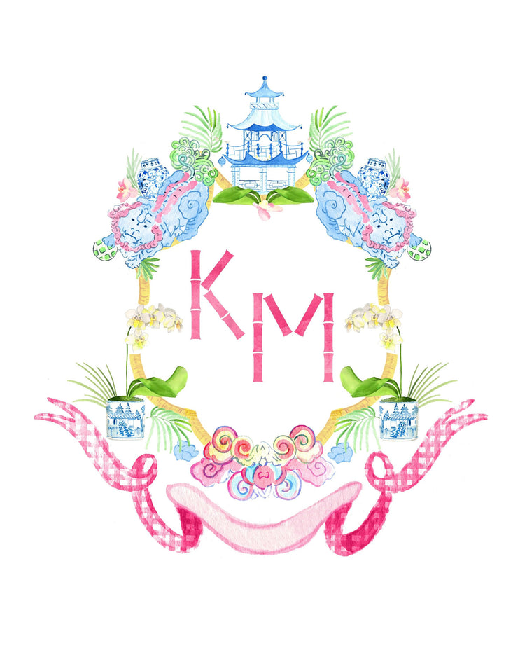 Chinoiserie Pagoda Monogram Crest Print