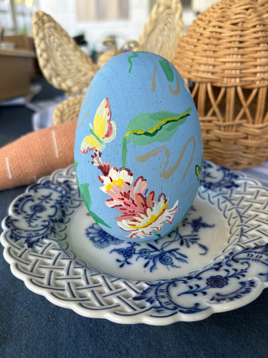 Hand Painted Blue and Yellow Floral Egg